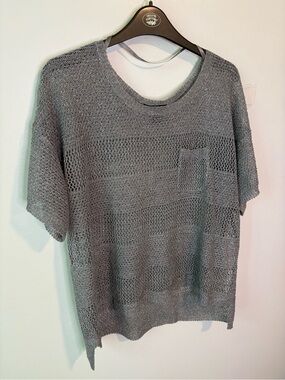 DKNY Jeans Silver Sparkle Knit Pocket Tee Top Size Large